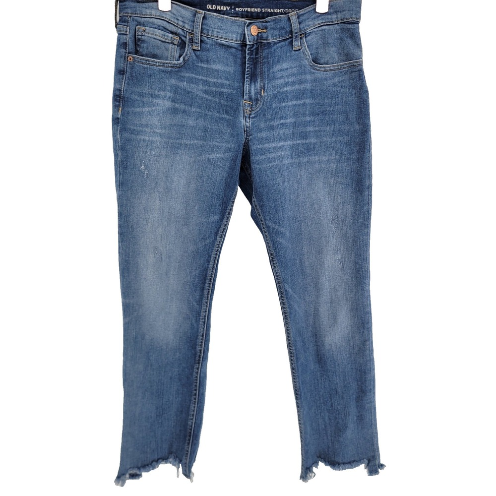 Old Navy Womens Boyfriend Straight Distressed Blue Jeans Size 8 Raw Hem Mid Rise
